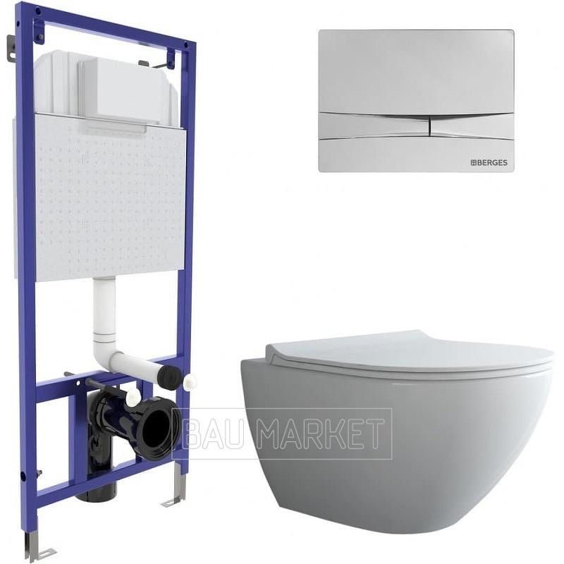 Унитаз подвесной Berges Wasserhaus Puma Rimless в комплекте с инсталляцией Novum, сиденьем Toma Slim SO и клавишей смыва F3 (043269)