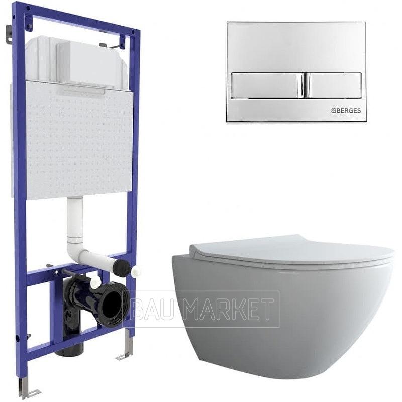 Унитаз подвесной Berges Wasserhaus Puma Rimless в комплекте с инсталляцией Novum, сиденьем Toma Slim SO и клавишей смыва L3 (043272)