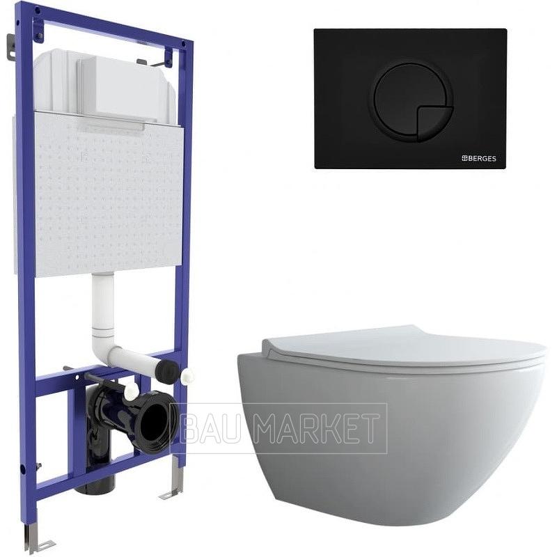 Унитаз подвесной Berges Wasserhaus Puma Rimless в комплекте с инсталляцией Novum, сиденьем Toma Slim SO и клавишей смыва R5 (043268)