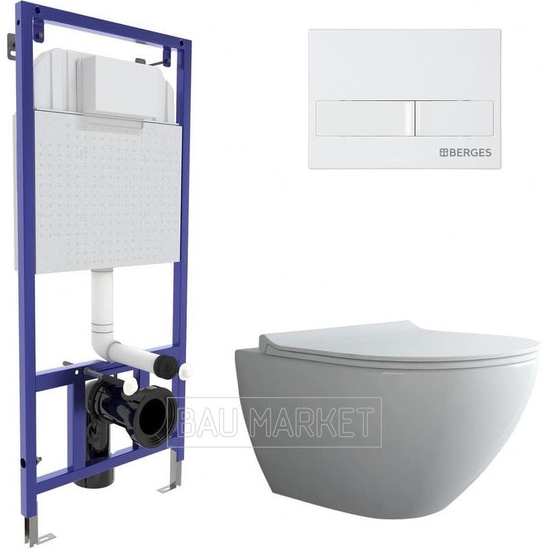 Унитаз подвесной Berges Wasserhaus Puma Rimless в комплекте с инсталляцией Novum, сиденьем Toma Slim SO и клавишей смыва L1 (043271)